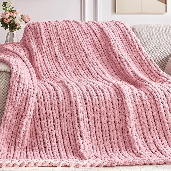 Chunky Knit Throw Blanket, 50''*60'' Knitted Throw Chenille Yarn for Bed Couch, Handmade Light Pink Crochet Big Thick Blanket, Machine Washable Cute Comfy Blanket for Home Decor