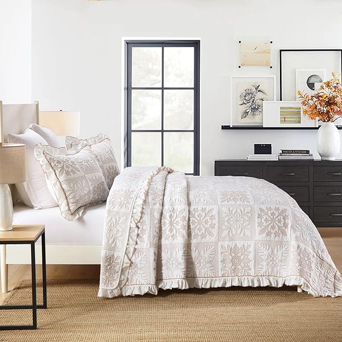 MarCielo 3-Piece 100% Cotton Oversized Bedspread Lightweight Quilt Coverlet Embroidery Farmhouse Bedding Set (TJ Colorful,King (112"x102"))