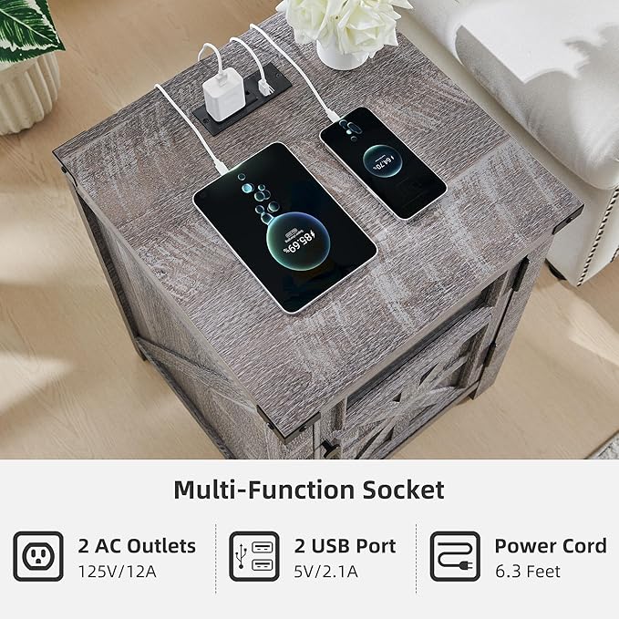 JXQTLINGMU Farmhouse End Table with Charging Station, 18'' Rustic Nightstand with Barn Door & Adjustable Shelf, Wooden Sofa Side Table with 3-Tier Storage for Living Room, Bedroom, Gray