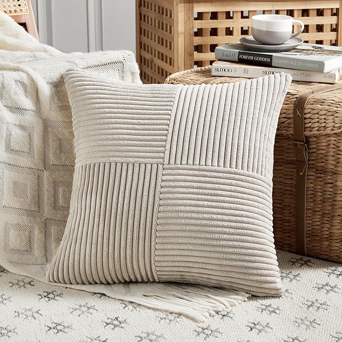 Fancy Homi 2 Packs Neutral Taupe Decorative Throw Pillow Covers 18x18 Inch for Living Room Couch Sofa, Rustic Farmhouse Boho Home Decor, Soft Corss Corduroy Patchwork Textured Square Cushion Case 45cm