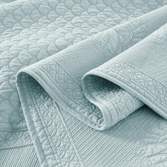 MarCielo 3-Piece 100% Cotton Oversized Bedspread Lightweight Quilt Coverlet Embroidery Farmhouse Bedding Set (TM Mint Green, Oversized King (118"x106"))