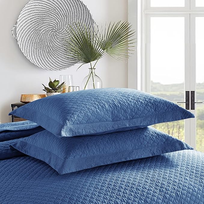 MarCielo 3-Piece 100% Cotton Oversized Bedspread Lightweight Quilt Coverlet Embroidery Farmhouse Bedding Set (TM Midtone Blue, Oversized King (118"x106"))