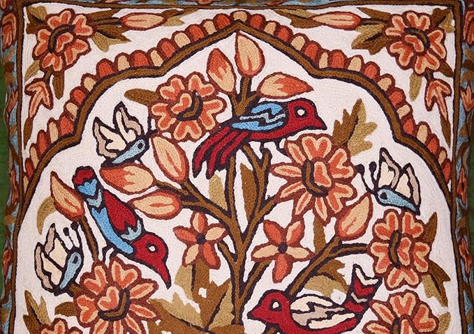 Tree of Life Pillow Cover - Gold Birds & Floral Suzani Cushions - Designer Flower Pillows - Modern Hand Embroidered Wool - Size 18x18