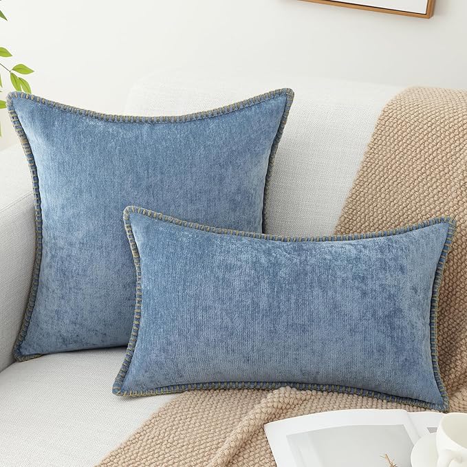 decorUhome Chenille Soft Throw Pillow Covers 12x20 Set of 2, Lumbar Velvet Farmhouse Neutral Decorative Euro Pillow Covers with Stitched Edge for Couch Sofa Bed Home Decor, Blue