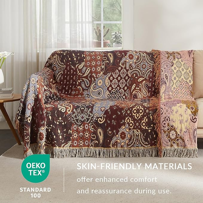 Boho Throw Blanket for Couch Sofa Bed, 100% Cotton Woven Quilt with Tassel 80”x90”, Super Soft Muslin Blanket with Patchwork Printed, Decorative Reversible Bed Blanket/Cover for All Seasons