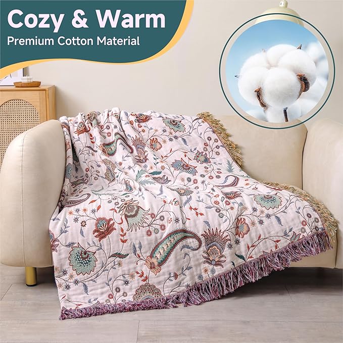 Boho Large Cotton Throw Blanket 80''x90'',Ultra Soft Rustic Quilt,Sofa Throw Cover with Tassels,Farmhouse Lightweight Knitted Throw for Bed,Travel,Couch,Home Decor