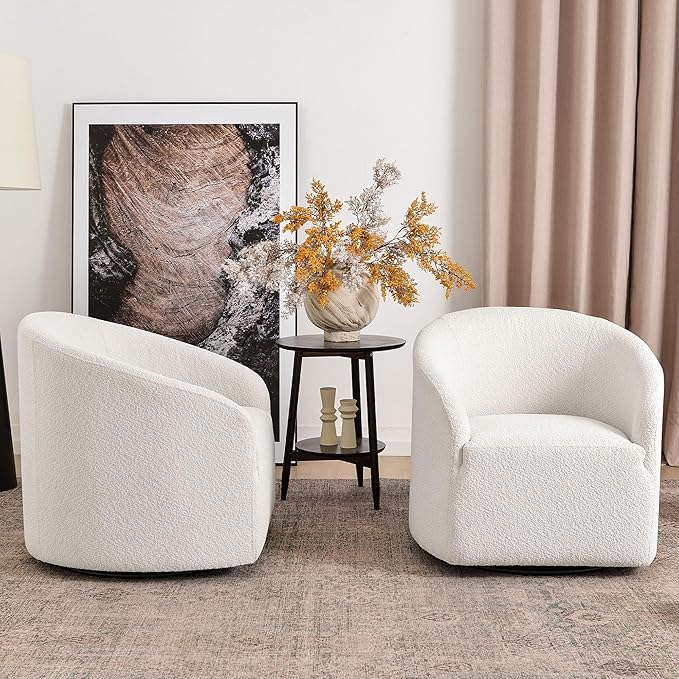 KINWELL 32" Wide Modern Boucle Swivel Barrel Chairs Set of 2, No Assembly Round Upholstered Swivel Accent Armchairs for Living Room, Bedroom (White)