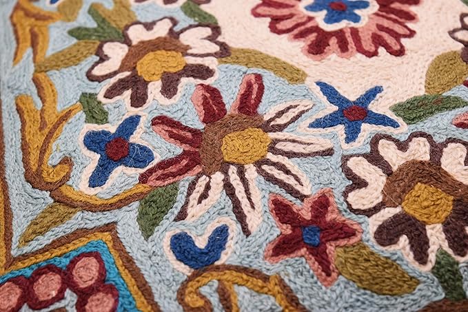 Turquoise Floral Pillow Cover Traditional Blue Flower Pillowcase Traditional Outdoor Cushion Suzani Flower Throw Florals Chair Farmhouse Hand Embroidered Cushions Wool 18x18 Inch