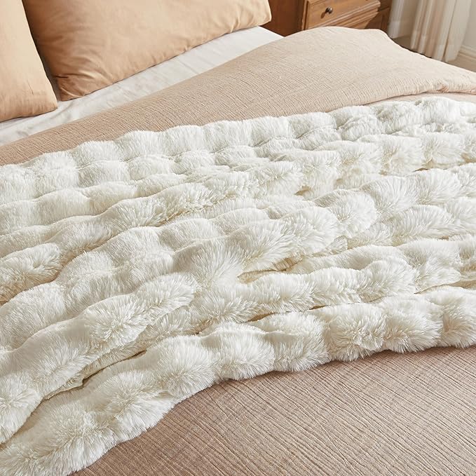 JELLYMONI Faux Fur Throw Blanket, White Fuzzy Cozy Plush Bubble Bed Blanket, Thick and Warm King (108" x 90")