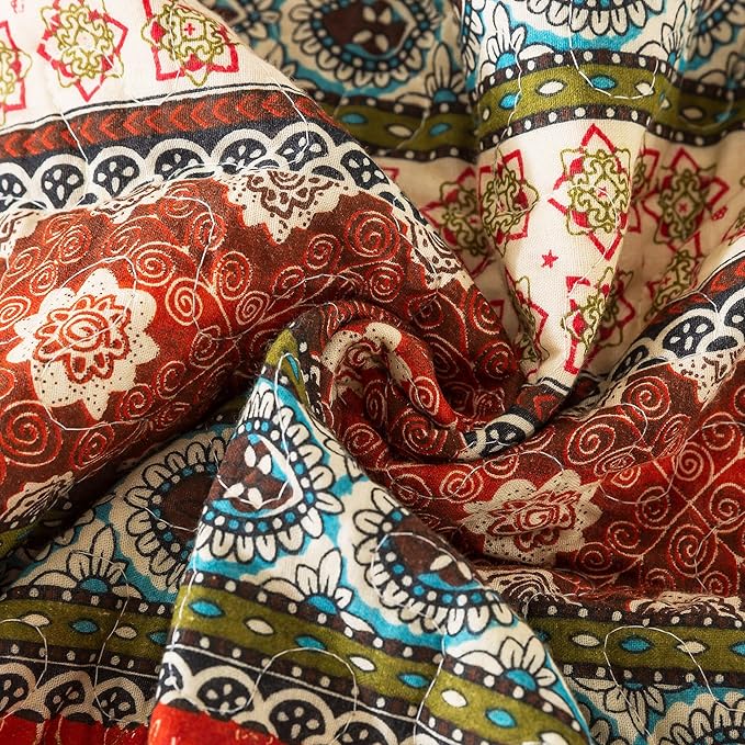 NEWLAKE Cotton Bedspread Quilt Sets - Reversible Patchwork Coverlet Set, Red Striped Jacquard Pattern, California King Size