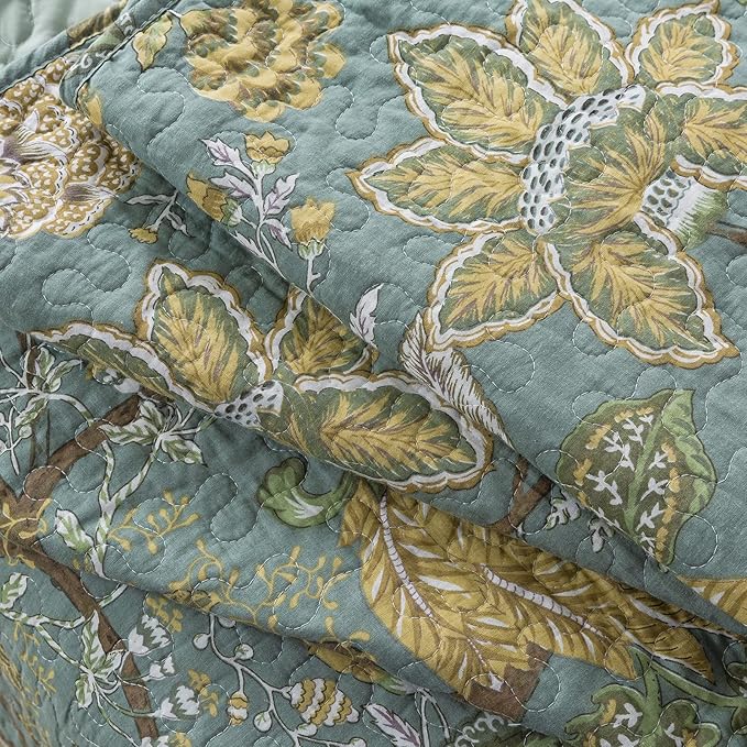 NEWLAKE Cotton Bedspread Quilt Sets-Reversible Patchwork Coverlet Set, Green Floral Pattern, Queen Size