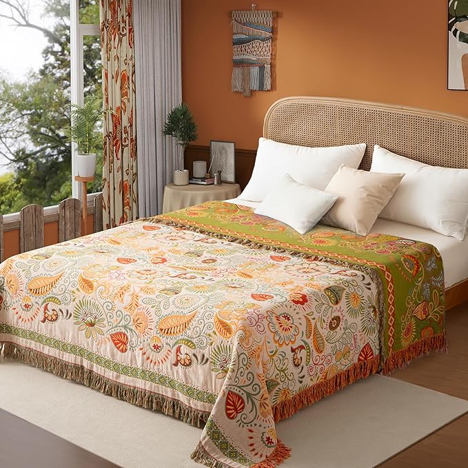 Boho Throw Blanket Full Size, Extra Large Soft Cozy Cotton Muslin Quilt Blanket for Bed Decor, Floral Patterned Couch Sofa Chair Cover, Vintage Farmhouse Cottage Woven Blanket, Coral&Green