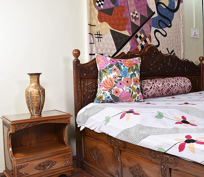 Roses Floral Pillow Cover Flower Farmhouse Chair Cushion Suzani Flowers Pillowcase Boho Florals Accent Throw Pillowsham Wool Hand Embroidered Size 18x18