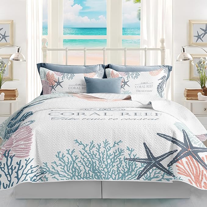 Coastal Bedding Queen Size with 2 Shams, Nautical Beach Comforter Sets Ocean Bedspreads Coastal Coverlet Summer Bedding, 90''x96''