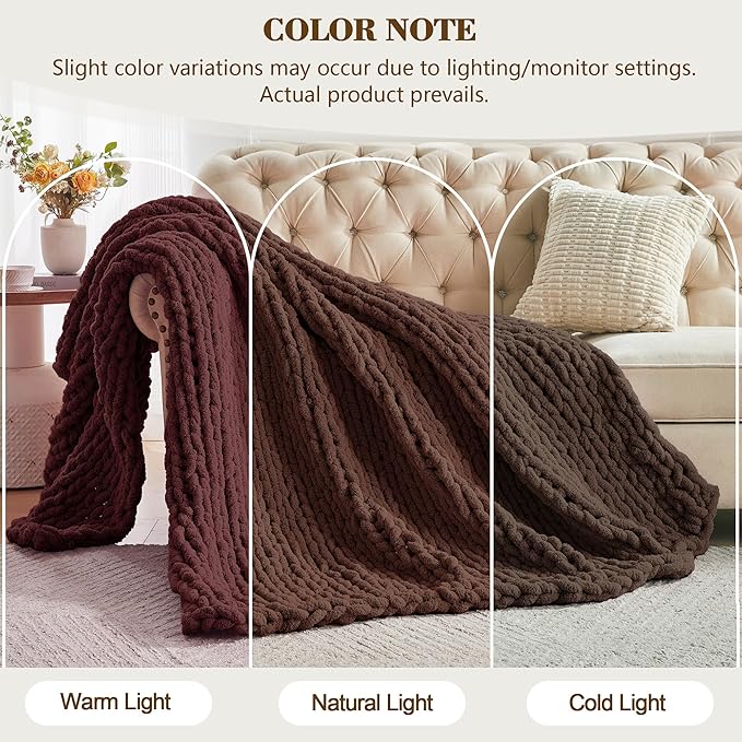 Carriediosa Chunky Knit Throw Blanket 60" X 80" Twin, 100% Hand Made Large Chenille Loop Yarn Soft Fluffy Throws for Couch Sofa Bed, Big Crochet Cozy Heavy Thick Cable Woven Blanket, Cocoa Brown