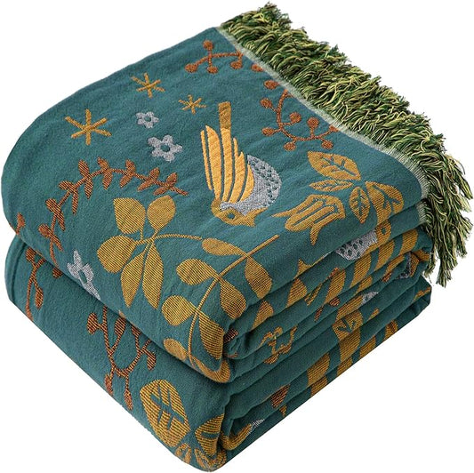 Boho Throw Blanket Queen Size, Oversized Soft Cozy Cotton Muslin Quilt Blanket for Bed Decor, Bird Patterned Couch Sofa Chair Cover, Vintage Farmhouse Cottage Woven Blanket, Green&Beige