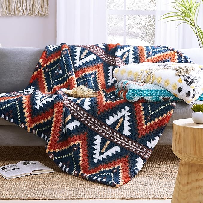 CASAAGUSTO Boho Sherpa Throw Blanket, Aztec Queen Blanket, Ultra Soft, Warm, Cozy, Plush, Thick Fleece Bohemian Throw Blanket for Couch, Bed, Sofa (Navy Blue 90 * 90 Inch)