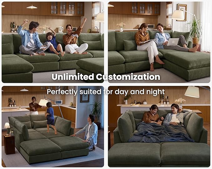 Oversized Modular Sofa, Extra Deep Cloud Chenille Sectional Couch with Ottoman Chaise, Fluffy Chenille 6 Seat U-Shaped Sofa for Living Room, Villa (U Shape 6 Seater, Chenille Green)