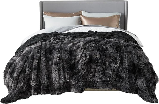 Bedsure GentleSoft Fluffy Tie Dye Black Blankets Queen Size for Bed, Thick Sherpa Faux Fur Fleece Fuzzy Plush Winter Warm Soft Queen Blankets, Black Bedroom Decor Cozy Gifts for Women Men, 90x90