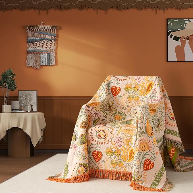 Boho Throw Blanket Twin Size, Soft Cozy Cotton Muslin Quilt Blanket for Bed Decor, Floral Patterned Couch Sofa Chair Cover, Vintage Farmhouse Cottage Tapestry Woven Blanket, Coral&Green