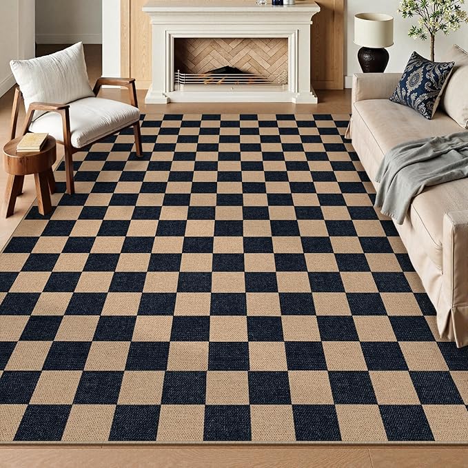 Lahome Checkered Easy Jute Rug, 9x12 Area Rug for Living Room Indoor Outdoor Carpet, Farmhouse Neutral Non Slip Non Shedding Stain Resistance Floor Carpet for Patio Dining Room Backyard