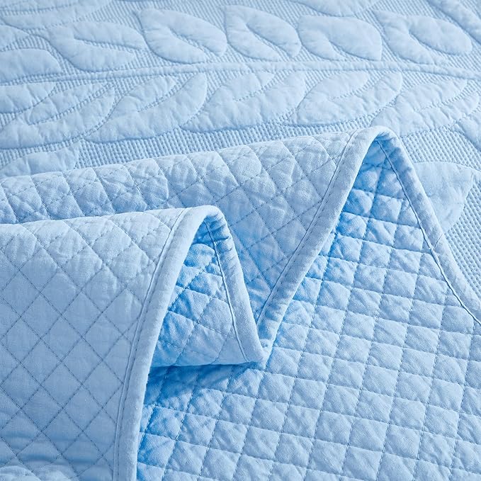 MarCielo 3-Piece 100% Cotton Oversized Bedspread Lightweight Quilt Coverlet Embroidery Farmhouse Bedding Set T0 (Light Blue, Oversized Queen (100"x106"))