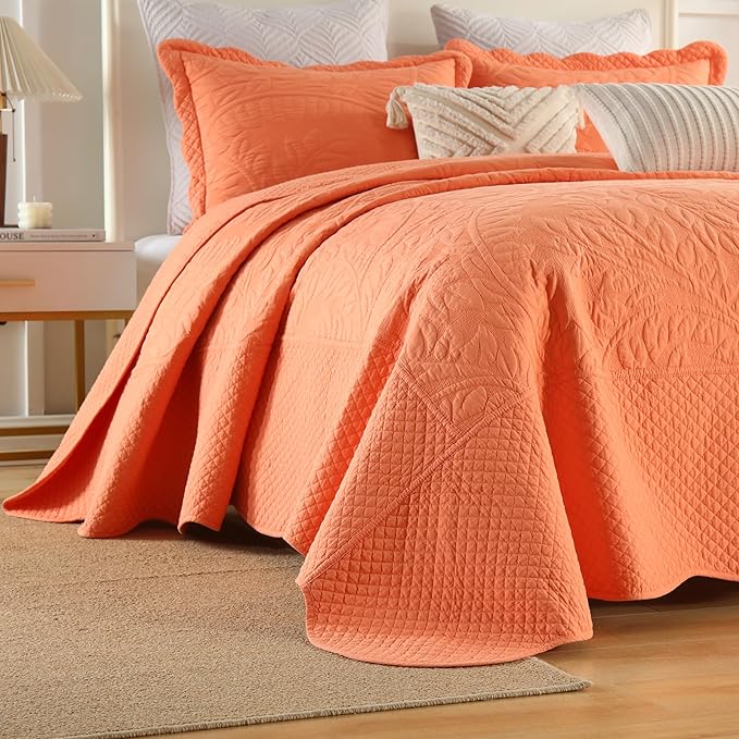 MarCielo 3-Piece 100% Cotton Oversized Bedspread Lightweight Quilt Coverlet Embroidery Farmhouse Bedding Set T0 (Salmon, Oversized Queen (100"x106"))
