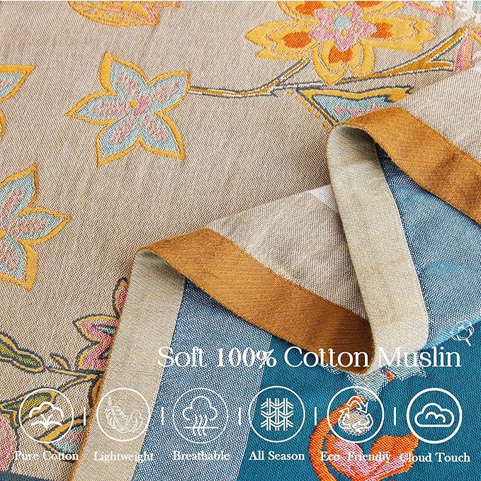 Boho Blanket, 100% Cotton Farmhouse Decorative Throw Blanket, 80"x90" Reversible Bohemian Throw Blanket, Brown All Season Muslin Breathable Woven Blankets Quilt