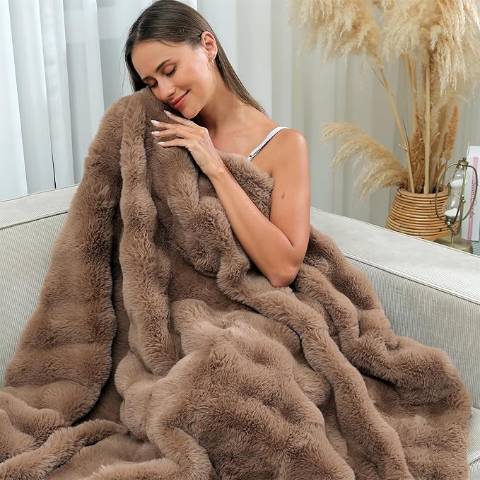 RYNGHIPY Faux Rabbit Fur Throw Blanket Ruched Plush Fuzzy Blanket for Couch Bed Sofa Heavy Warm Comfy Throws for Living Room Bedroom Machine Washable (Solid Brown, 51''x63'')