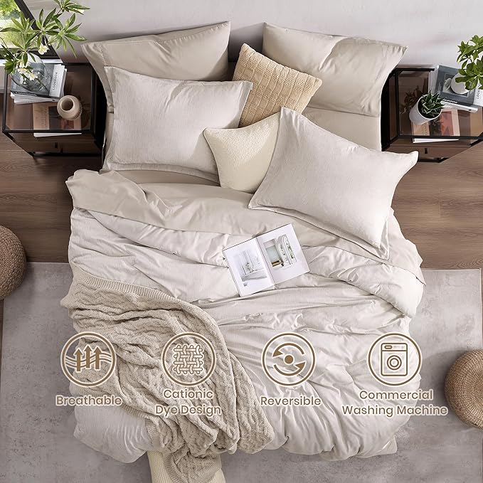 Monbix Queen Comforter Set - 7 Pieces Cationic Dyeing Oatmeal Beige Bed in a Bag Queen Bedding Sets with Comforter, Sheets, Pillowcases & Shams, Reversible Bedding Comforters Sets