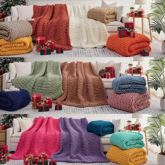 L'AGRATY Chunky Knit Blanket - Soft Chenille Yarn Throws 40x50: Handmade Thick Cable Crochet Blanket - Large Chunky Yarn Rope Knot Throw for Couch, Sofa, Bed Home Decor