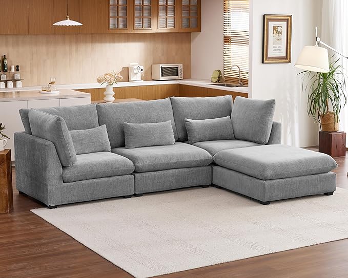Oversized Modular Sofa, Extra Deep Cloud Chenille Sectional Couch with Ottoman Chaise, Fluffy Chenille 4 Seat L-Shaped Sofa for Living Room, Villa (L Shape 4 Seater, Chenille Grey)