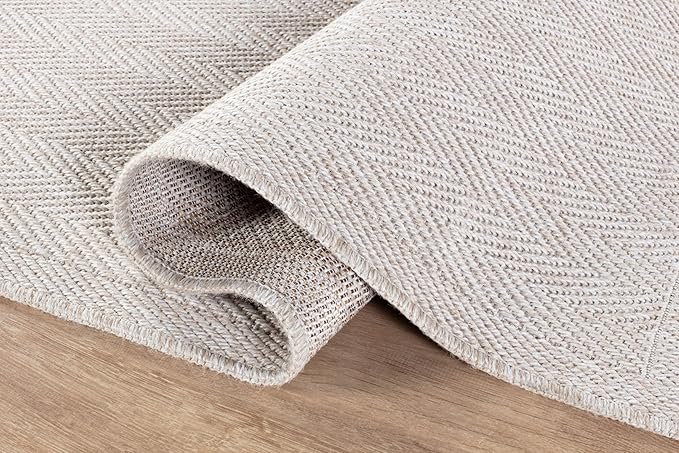 CAMILSON Indoor and Outdoor Runner Rug Off-White Herringbone Seagrass Boho Design Easy-Cleaning Non Shedding Fiber Living Room Bedroom Garden Patio and Kitchen Washable Outside Carpet Alfombras (2x7)