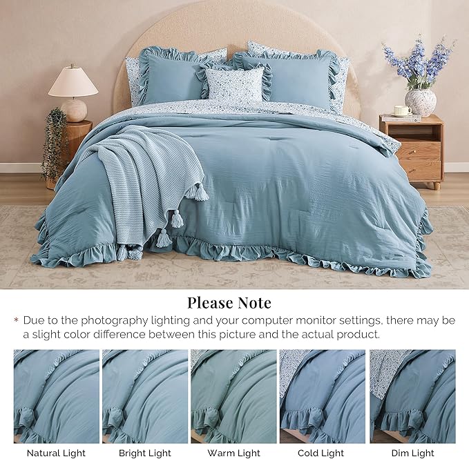 Queen Comforter Set - 7 Pieces Ruffle Blue Bedding Sets, Shabby Chic Farmhouse Bed in a Bag Queen with Ruffle Comforter, Floral Sheets, Pillowcases & Shams