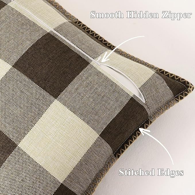 decorUhome Buffalo Plaid Check Throw Pillow Covers 16x16 Set of 2, Outdoor Decorative Farmhouse Neutral Pillow Covers with Stitched Edge for Bed Couch Sofa, Brown and Beige