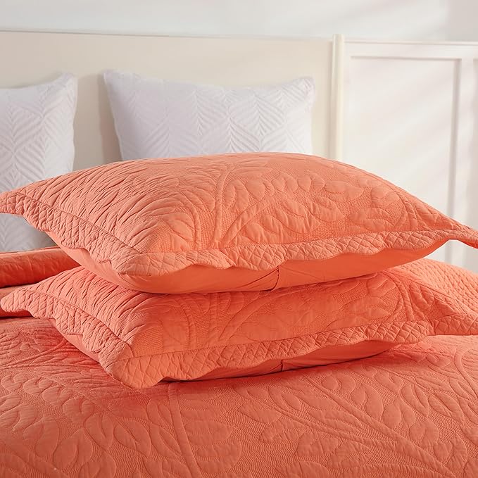 MarCielo 3-Piece 100% Cotton Oversized Bedspread Lightweight Quilt Coverlet Embroidery Farmhouse Bedding Set T0 (Salmon, Oversized King (118"x106"))