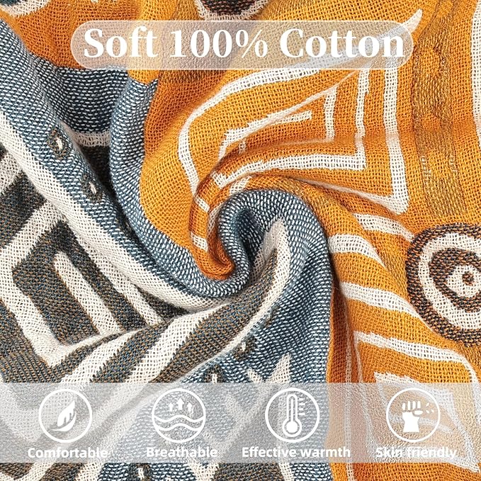 Boho Throw Blanket for Bed - 100% Pure Cotton Ultra Soft Rustic Quilt - Farmhouse Decor Bed Blankets, All Season Rustic Throw for Sofa Couch Chair(91''x 98'', Art Squares)