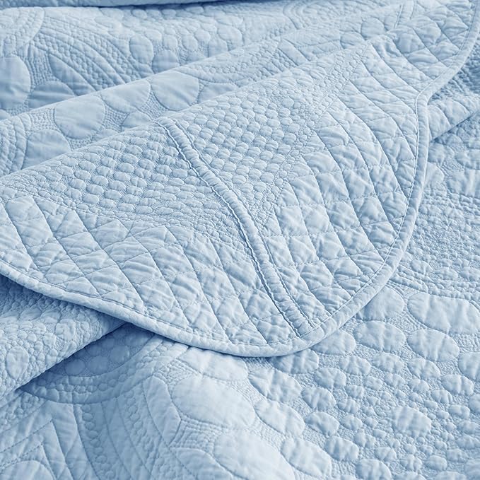MarCielo 3-Piece 100% Cotton Oversized Bedspread Lightweight Quilt Coverlet Embroidery Farmhouse Bedding Set (Tf Light Blue, Oversized King (118"x106"))