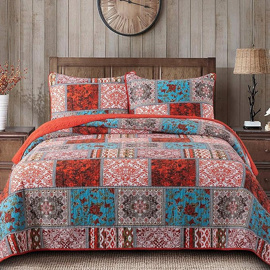 NEWLAKE Cotton Bedspread Quilt Sets-Reversible Patchwork Coverlet Set, Mediterranean Classic Bohemian Pattern,Queen Size