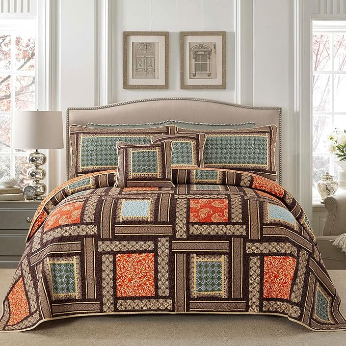 NEWLAKE Cotton Patchwork Bedspread, 3-Piece Bedding Quilt Set with Real Stitched Embroidery, Reversible Matelasse Bed Coverlet Set,Bohemian Farmhouse,Twin Size