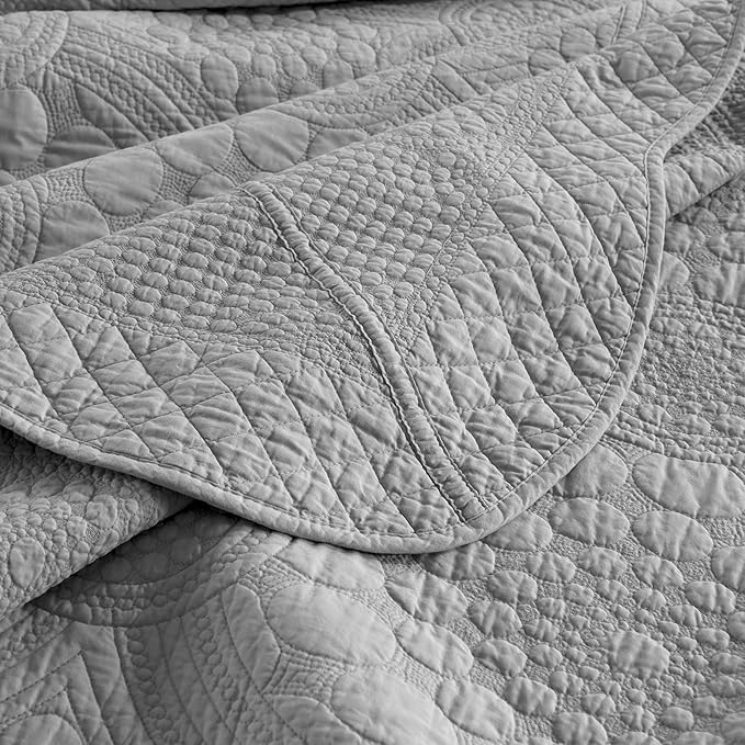 MarCielo 3-Piece 100% Cotton Oversized Bedspread Lightweight Quilt Coverlet Embroidery Farmhouse Bedding Set (Tf Light Grey, Oversized Queen (100"x106"))