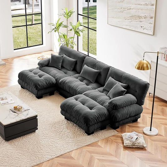 U Shaped Couch Sectional Couch, 3-Seater Cloud Couch Sectional Oversized Couch, Sofa Bed Couch with Round Bolster Armrests 5 Pillows, Modular Couch Home Sofa Living Room Couch(Gray)