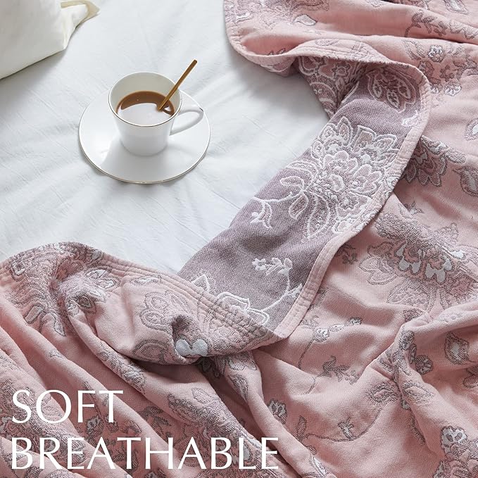 jinchan Boho 100% Cotton Muslin Twin Size 60x80 Inches Blanket Lightweight 4-Layer Quilted Soft Pink Red Floral Throw Blanket Reversible Comfy Flower Breathable All Seasons Couch Bedroom Decor