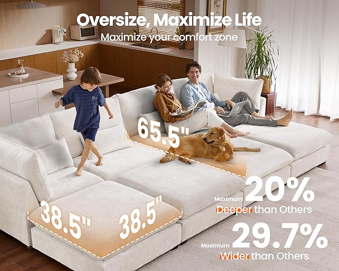 Oversized Modular Sofa, Extra Deep Cloud Chenille Sectional Couch with Ottoman Chaise, Fluffy Chenille Loveseat L Sofa for Living Room, Villa (Loveseat+Ottoman, Chenille White)