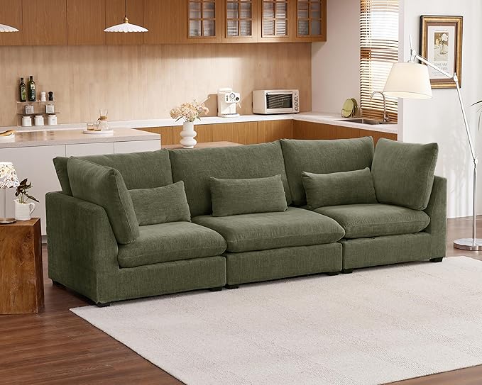 Oversized Modular Sofa, Extra Deep Cloud Chenille Sectional Couch with Ottoman Chaise, Fluffy Chenille 3 Seater Sofa for Living Room, Villa (Basic 3 Seater, Chenille Green)