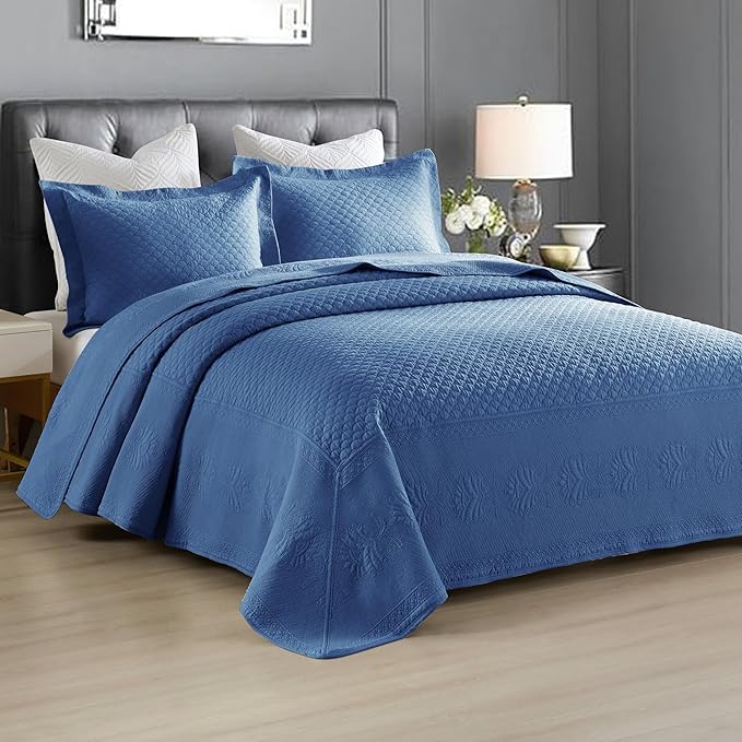 MarCielo 3-Piece 100% Cotton Oversized Bedspread Lightweight Quilt Coverlet Embroidery Farmhouse Bedding Set (TM Midtone Blue, Oversized King (118"x106"))