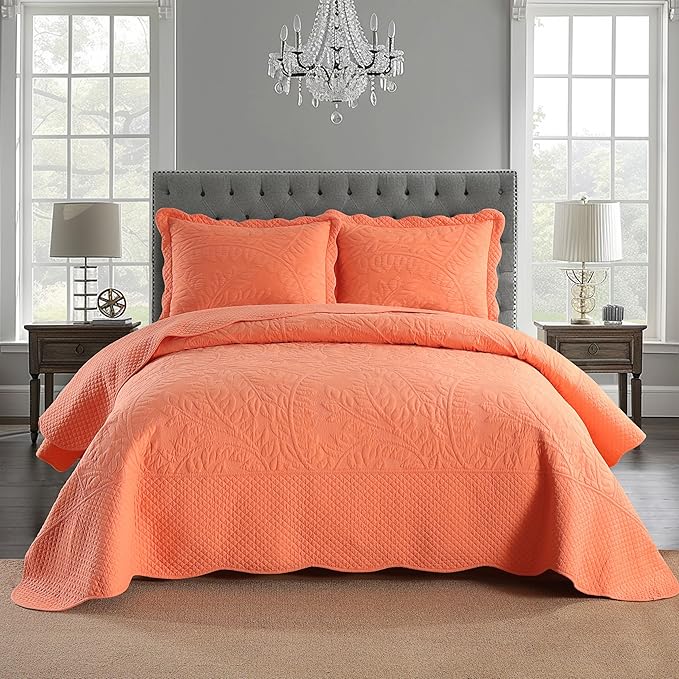 MarCielo 3-Piece 100% Cotton Oversized Bedspread Lightweight Quilt Coverlet Embroidery Farmhouse Bedding Set T0 (Salmon, Oversized King (118"x106"))