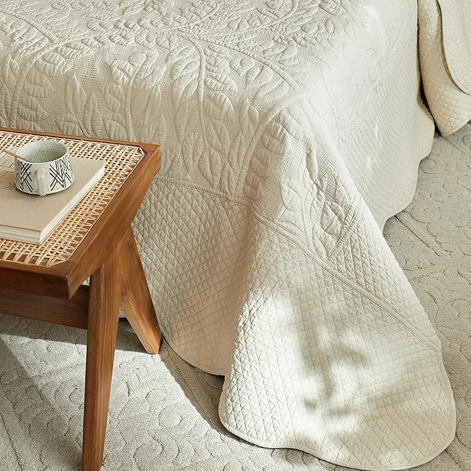 MarCielo 3-Piece 100% Cotton Oversized Bedspread Lightweight Quilt Coverlet Embroidery Farmhouse Bedding Set T0 (Yellowish Beige, Oversized Queen (100"x106"))