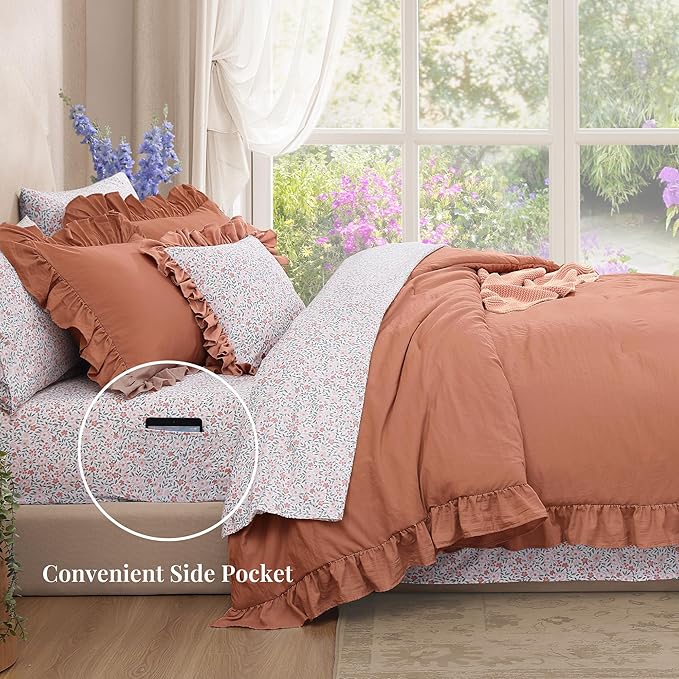 Queen Comforter Set - 7 Pieces Ruffle Autumn Leaf Bedding Sets, Shabby Chic Farmhouse Bed in a Bag Queen with Ruffle Comforter, Floral Sheets, Pillowcases & Shams