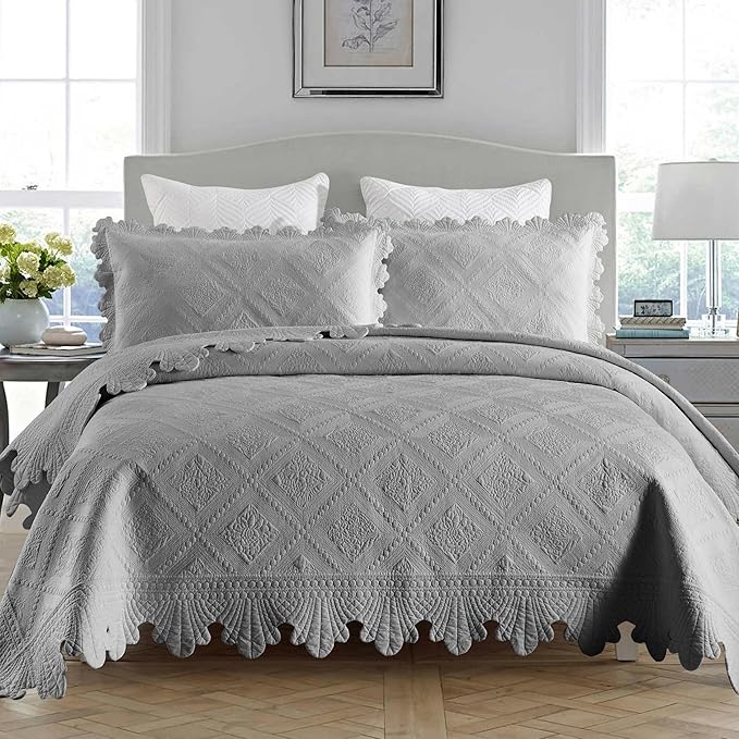 MarCielo 3-Piece 100% Cotton Oversized Bedspread Lightweight Quilt Coverlet Embroidery Farmhouse Bedding Set (Tk Light Grey, Oversized Queen (100"x106"))